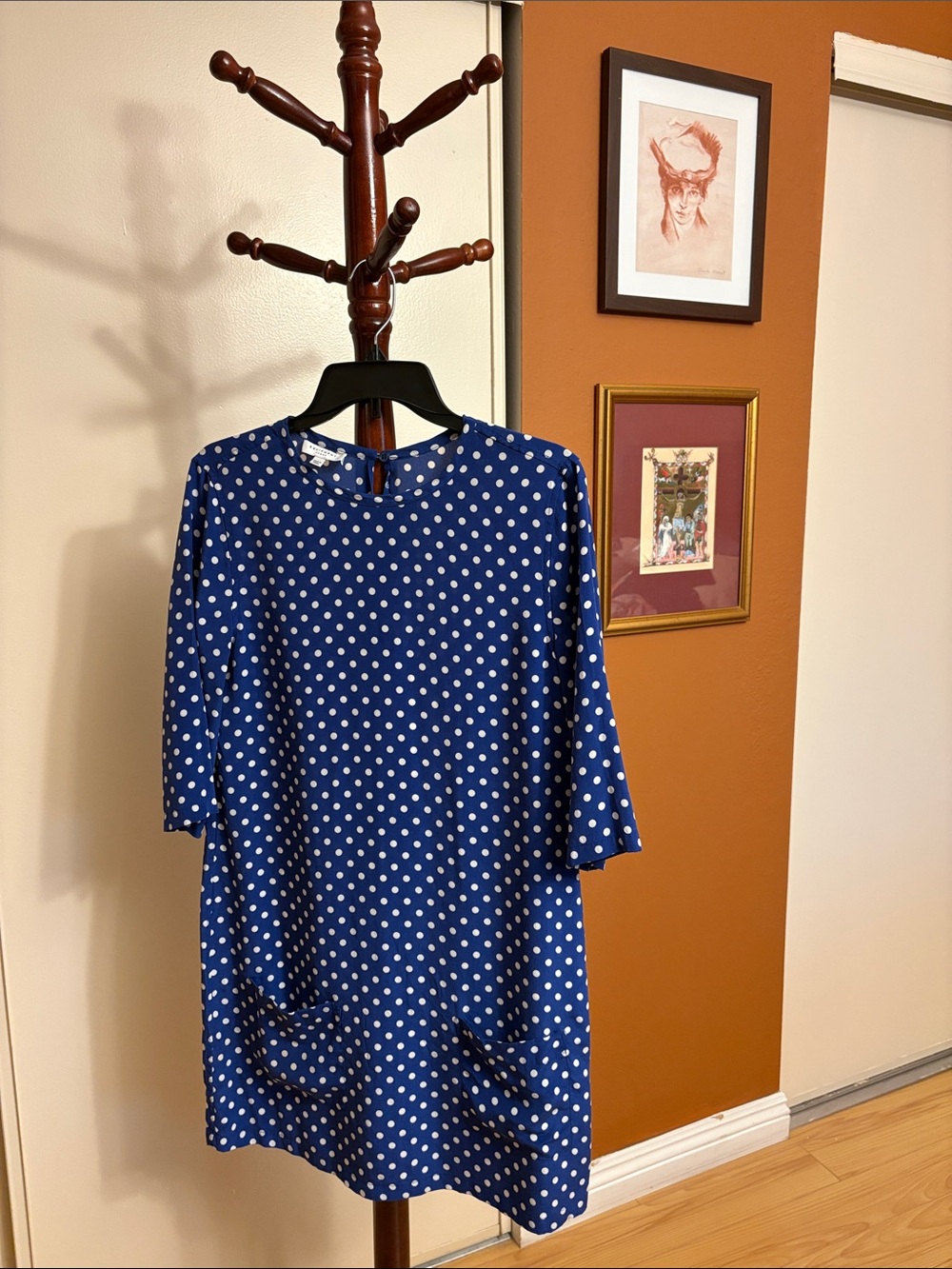Equipment Navy and White Polka Dot Dress